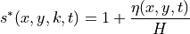 s^*(x,y,k,t) = 1 + \frac{\eta(x,y,t)}{H}